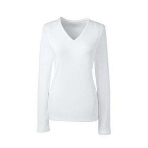 NWT LANDS' END WOMEN'S LONG SLEEVE SHAPED 1X1 RIB V-NECK TEE WHITE SMALL TALL